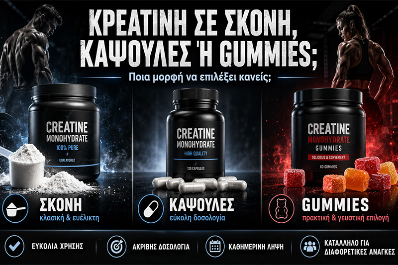 Κρεατίνη σε σκόνη, κάψουλες ή gummies: Ποια μορφή να επιλέξει κανείς;