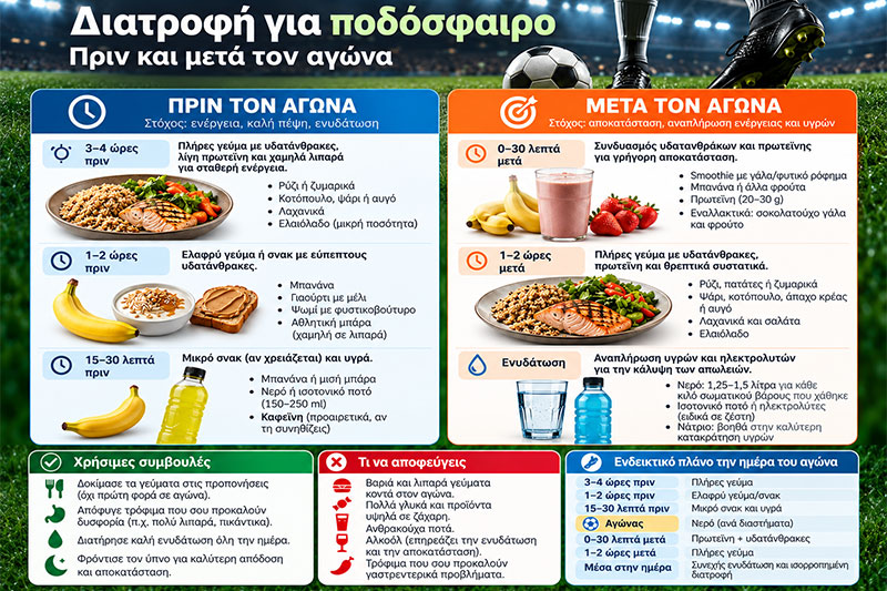 Διατροφή για ποδόσφαιρο: πριν και μετά τον αγώνα