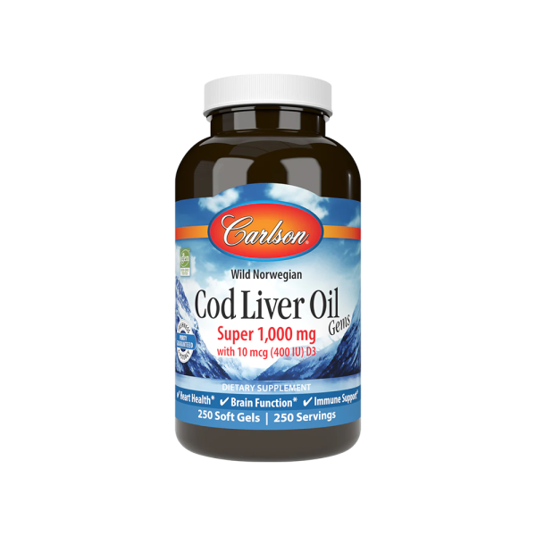 Carlson Labs Wild Norwegian Cod Liver Oil Gems Super 1000mg 250 Softgels