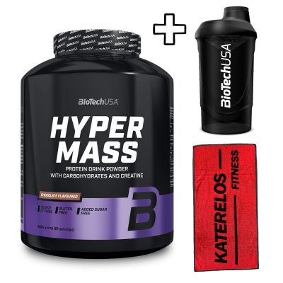 Συμπληρωματα διατροφης BioTech USA Hyper Mass 4000g + Katerelos Fitness Αθλητική Πετσέτα 100x50cm + BioTech USA Wave Shaker 600ml