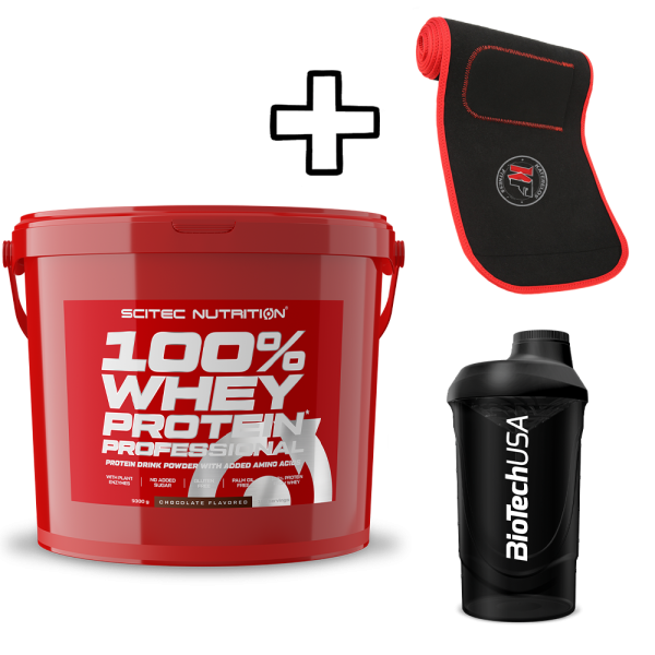 Scitec Nutrition 100% Whey Protein Professional 5000g + Katerelos Fitness Ζώνη Αδυνατίσματος - Εφίδρωσης 130cm x 26.50cm x 5mm + BioTech USA Wave Shaker 600ml